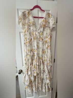 Boohoo Cream Floral Ruffle Midi Dress with Yellow Rose Print
